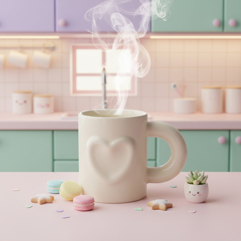 An off-white ceramic mug with a large, rounded handle and a raised heart design embossed on the front, shown against a plain white background.