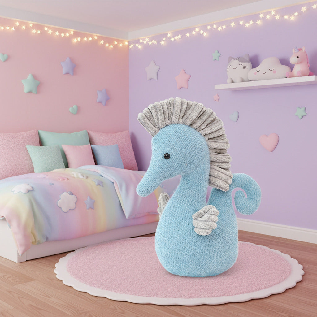Blue plush seahorse with gray mane on a white background