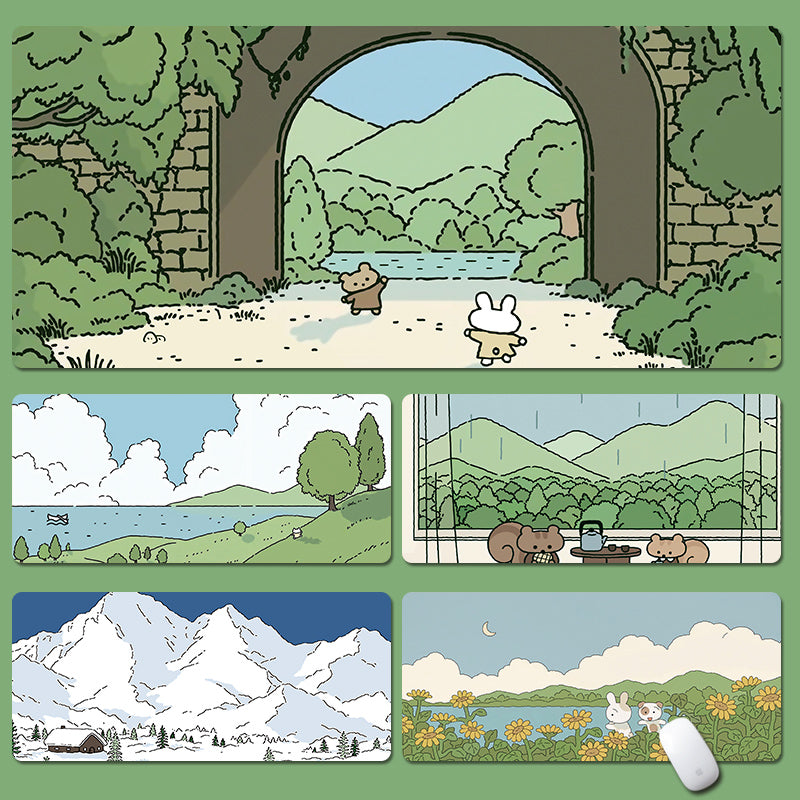 Cartoon-style scenic mouse pad with various landscapes and characters.