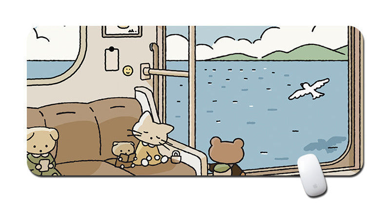 Cartoon design of animals on a boat with a scenic background