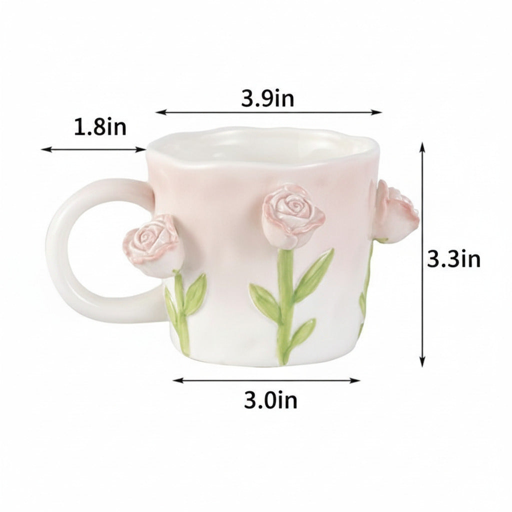 Ceramic mug with floral design and measurements on a white background