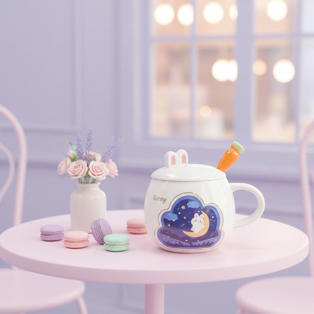Ceramic mug with bunny design and carrot spoon, held by a hand.