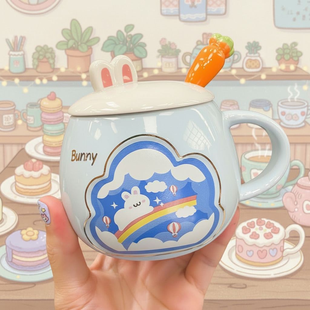 Ceramic mug with bunny design, lid, and carrot-shaped spoon held by a hand.