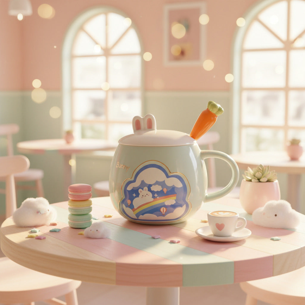 Ceramic mug with bunny design, rabbit ears, and carrot handle held by a hand.