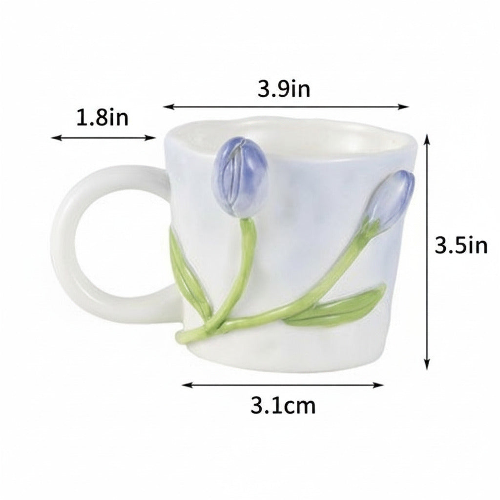 Ceramic mug with floral design and measurements on a white background