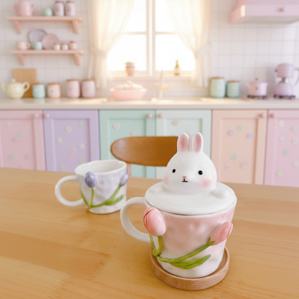 Ceramic mug with rabbit design on a wooden table