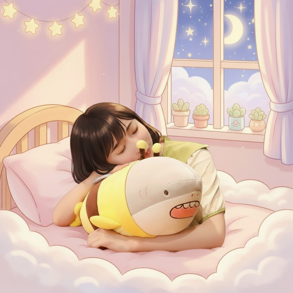 Child sleeping with a shark-shaped plush toy on a wooden table
