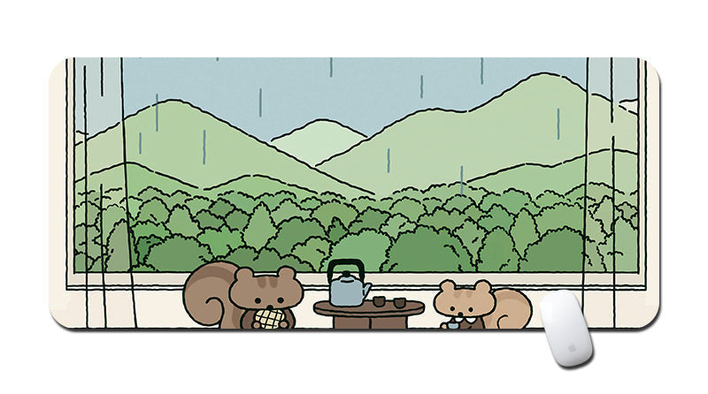 Mouse pad with cartoon design of two animals by a window looking at mountains