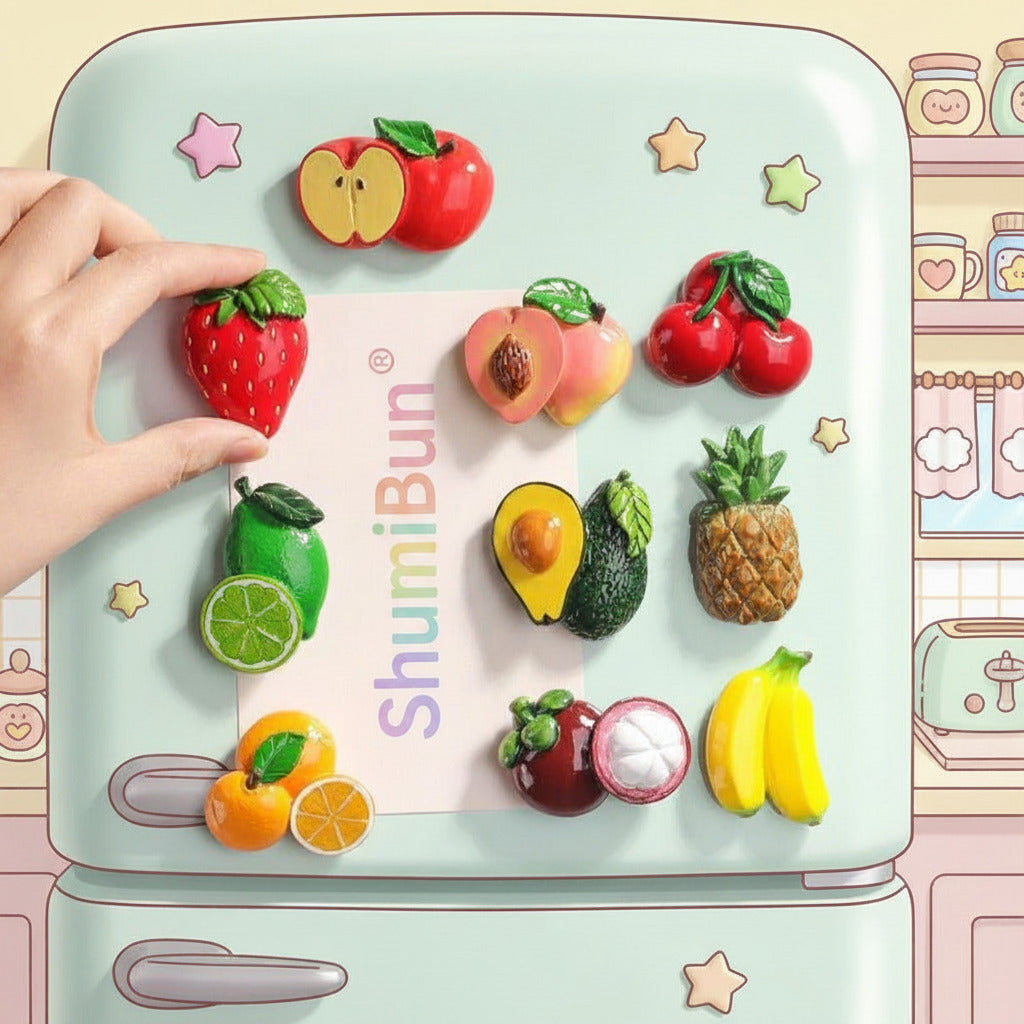 Colorful fruit-shaped magnets on a white board with 'dream' branding.