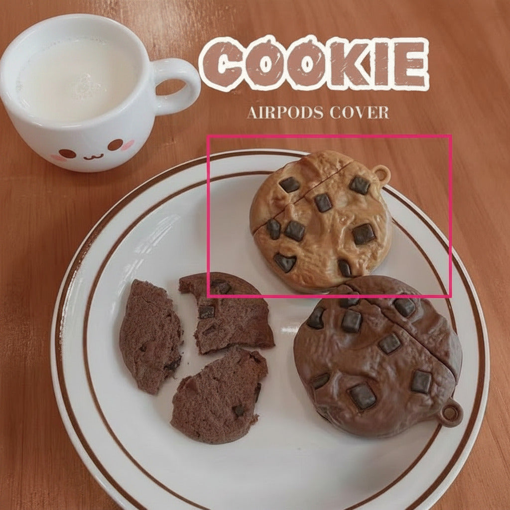 Cookie-shaped airpod case on a plate with a glass of tea in the background