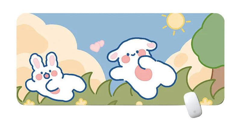 Cartoon sheep and rabbit illustration on a scenic background with customization text.