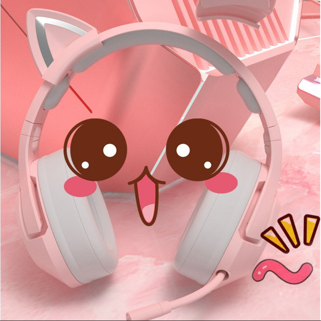 Pink headphones with cat ears on a pink background