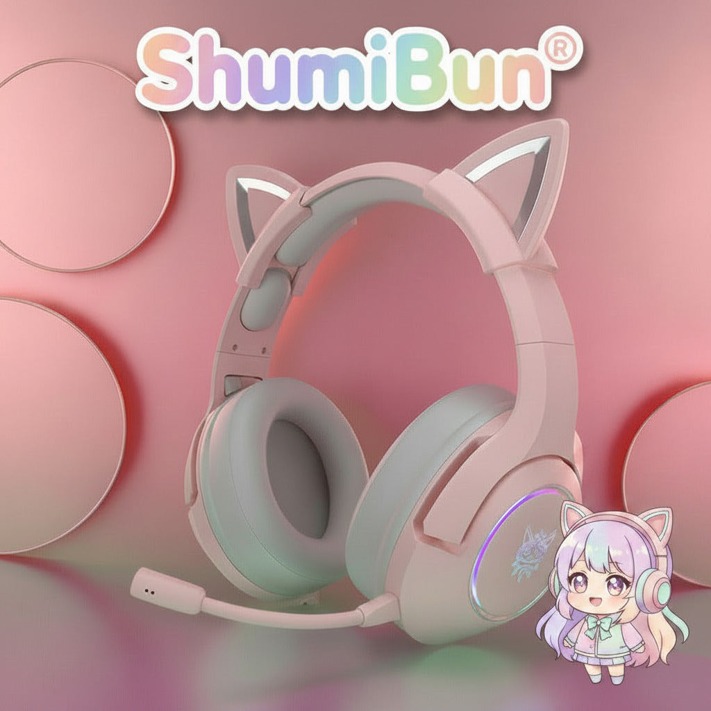 Pink headphones with cat ears on a pink background