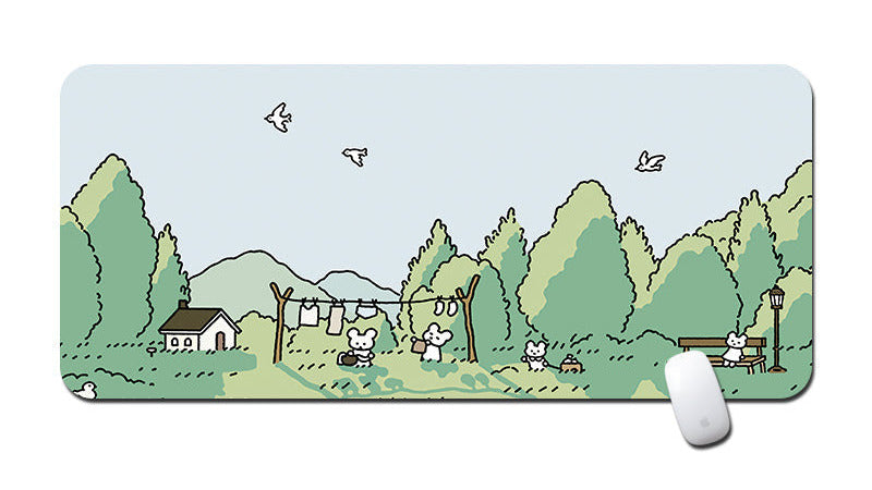 Mouse pad with a cartoon landscape design featuring trees, a house, and birds.
