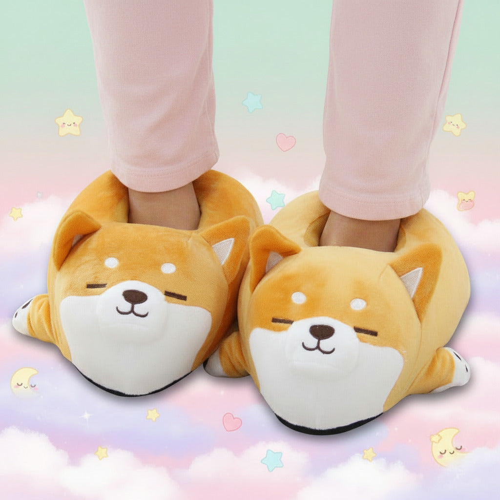 Cute dog-themed slippers worn by a person on a bed.