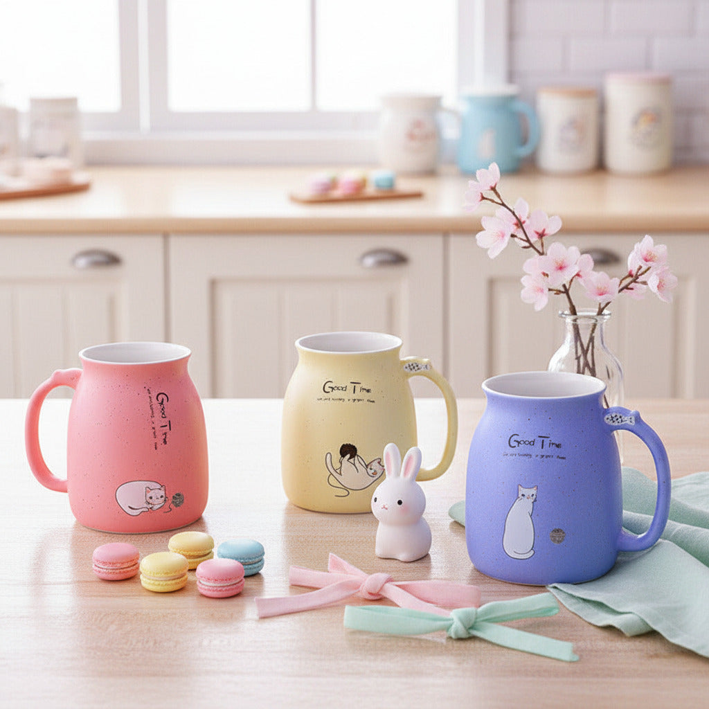 Four ceramic mugs in pink, blue, yellow, and purple, each decorated with a cartoon animal illustration and the text 'Good Life', arranged on a wooden surface with metal spoons.