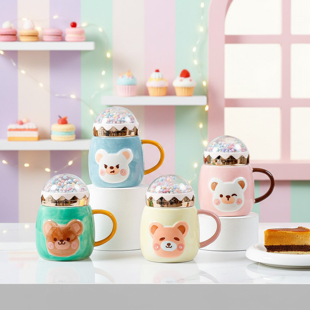 Four ceramic mugs with colorful bear-face designs and glittery dome lids, arranged on white display blocks against a soft beige and pink background.