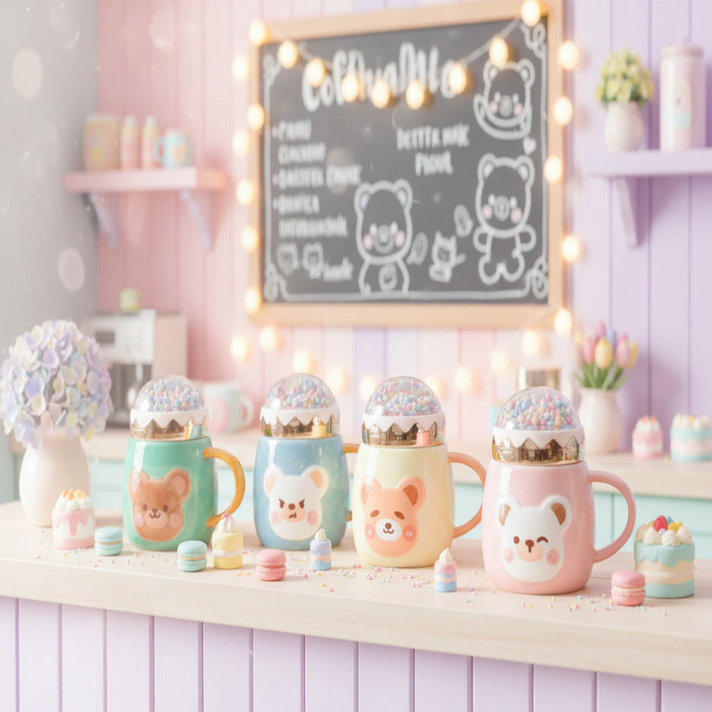 Four cute ceramic baby cups with bear faces and glittery lids, shown in green, blue, yellow, and pink on white pedestals. The image includes promotional text 'that is Cute!' and a product information box at the bottom.