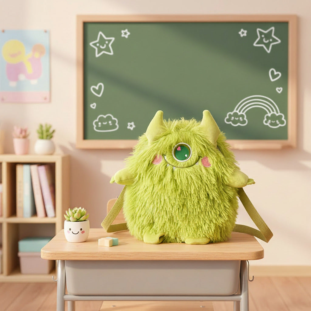 Green fluffy monster-shaped bag on a wooden surface with a colorful background