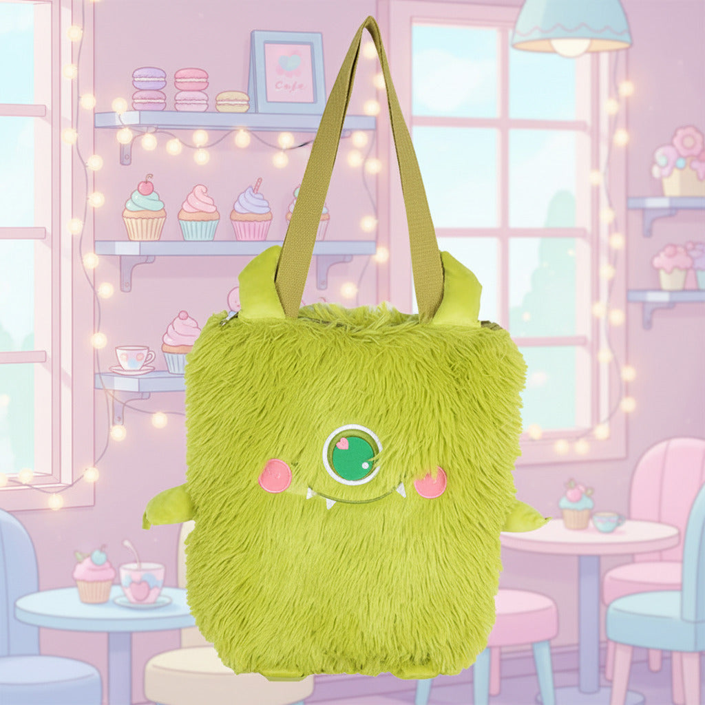 Green fluffy monster bag with a face on a white background