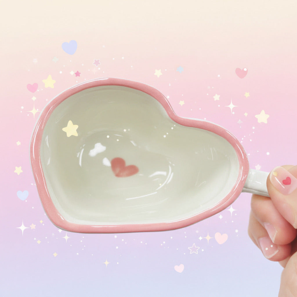 Heart-shaped ceramic bowl with pink rim and heart design on a white background