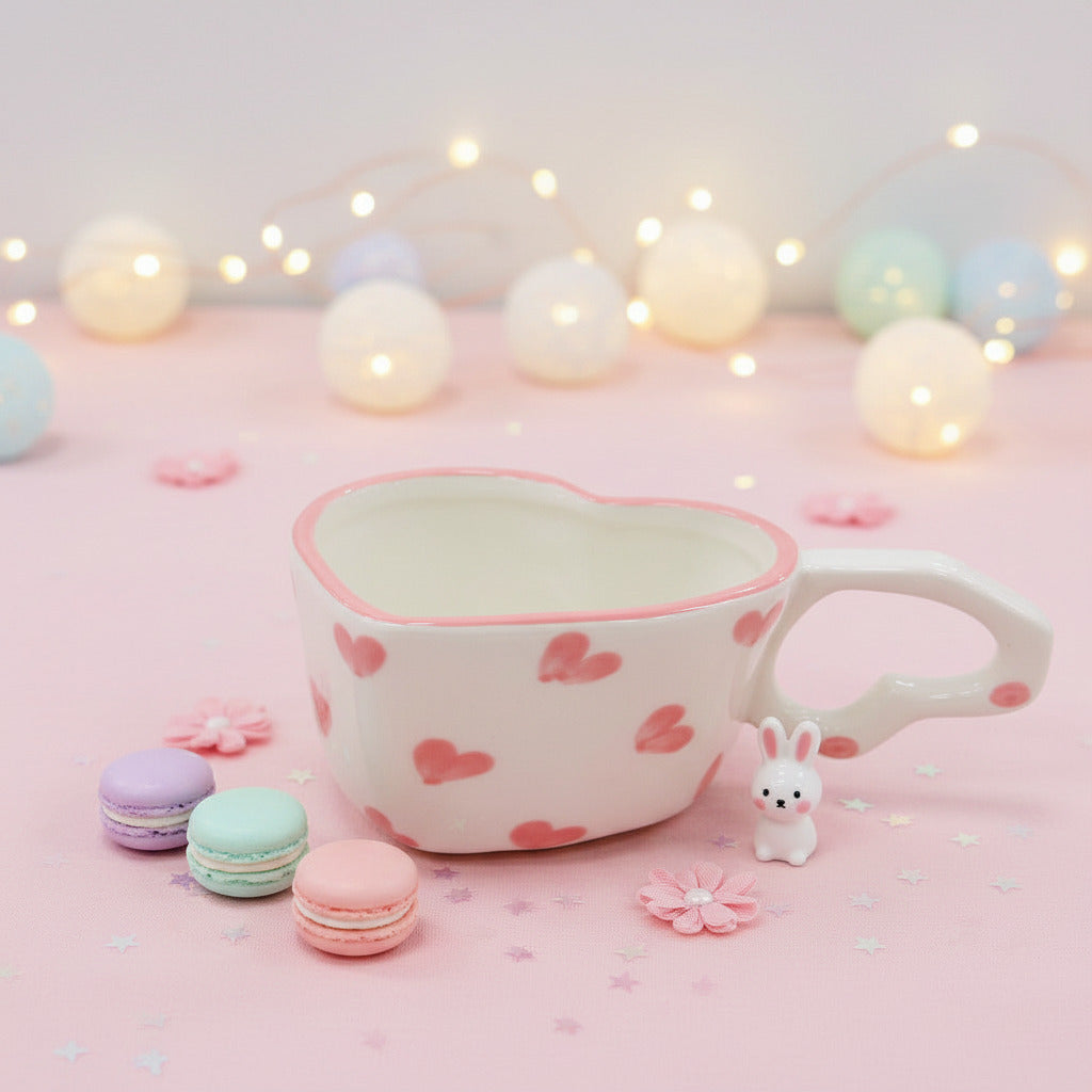 Heart-shaped mug with pink hearts and a gold spoon on a white surface.