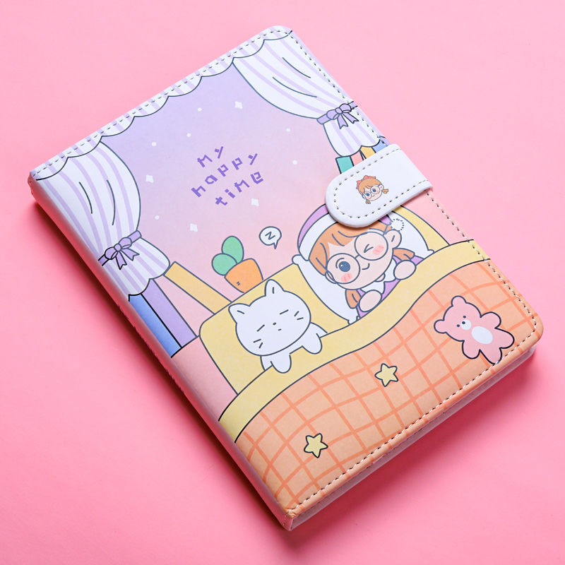 Illustrated notebook with cartoon characters on a pink background