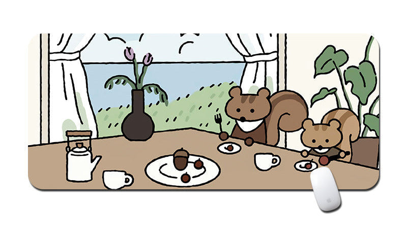 Illustration of two cartoon squirrels having a meal at a table with a scenic background.