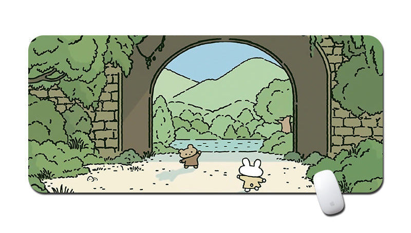 Illustration of two characters walking through a scenic archway with a lake and mountains.