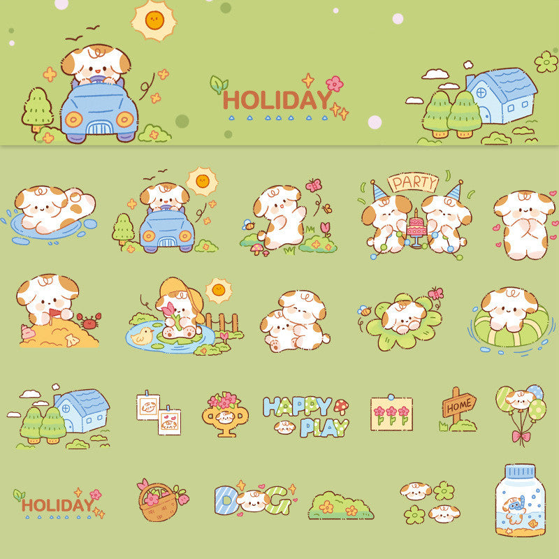 Illustrations of a dog in various activities on a green background with 'Holiday' text.
