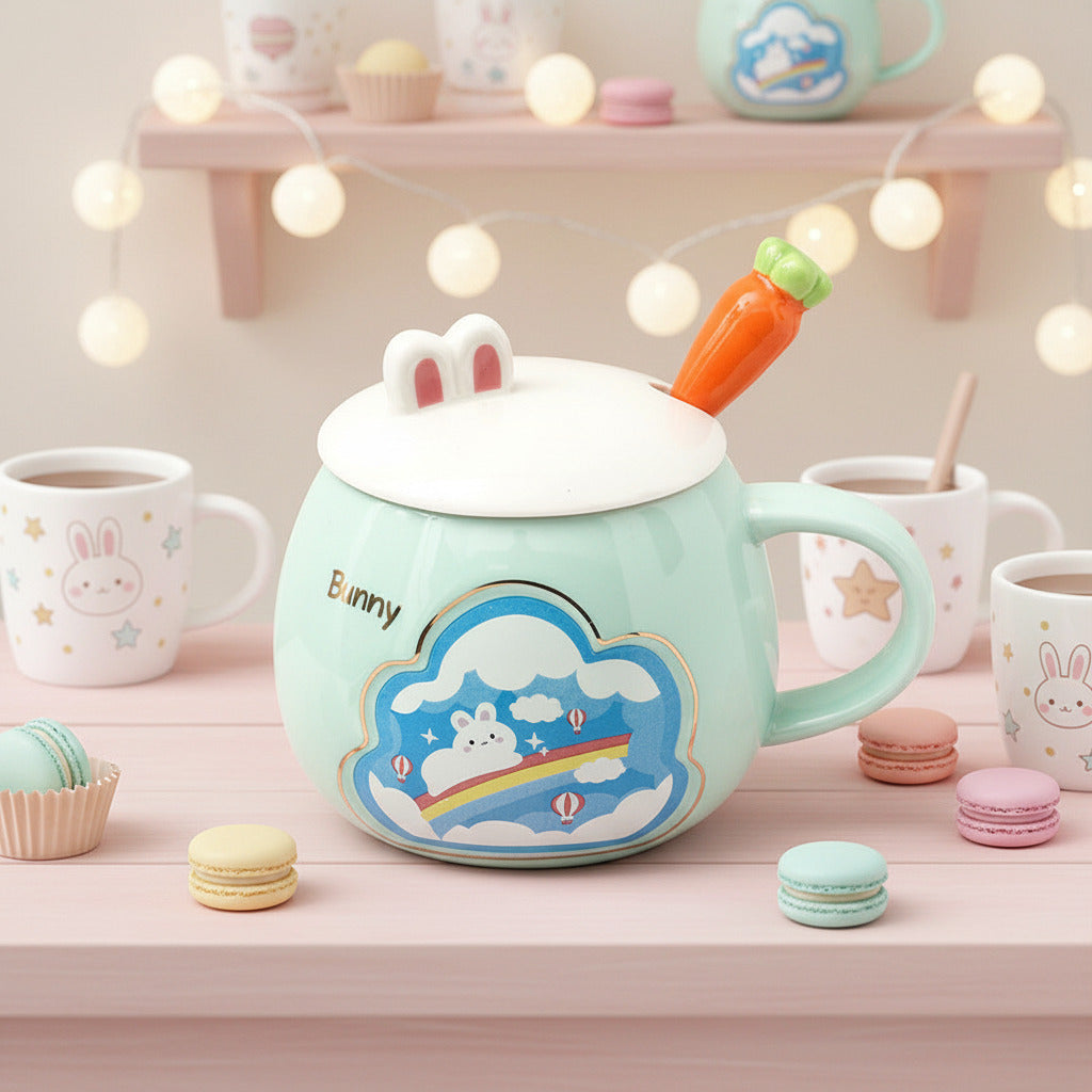 Light blue mug with bunny design and carrot-shaped handle on a white background