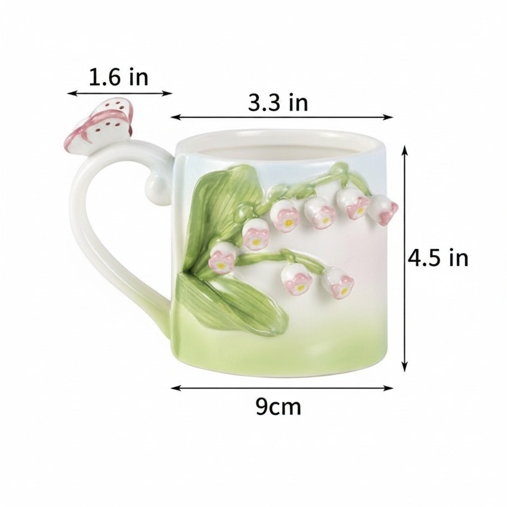 Measurement chart of a ceramic mug with floral design and mushroom handle on a white background