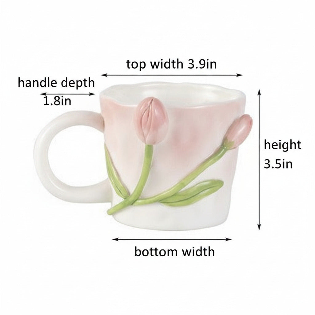 Measurement chart of a ceramic mug with floral design on a white background