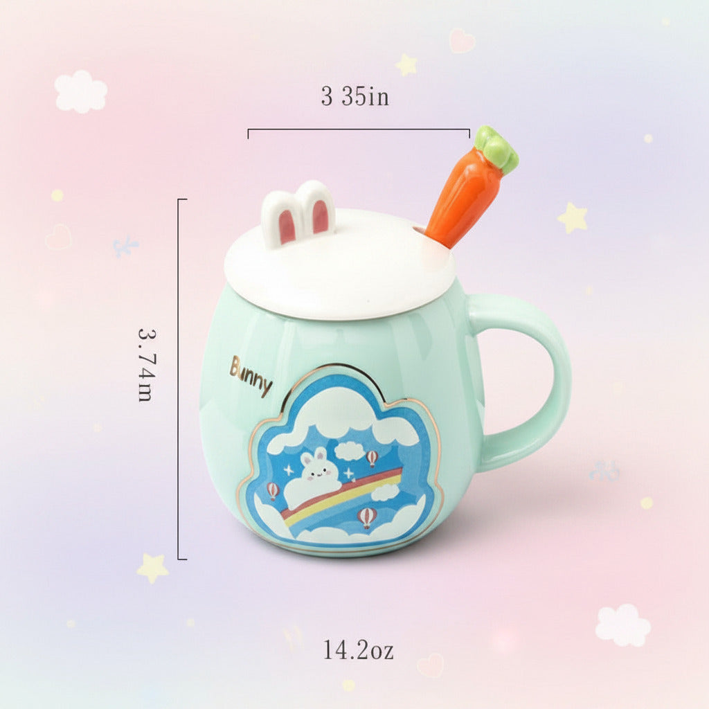 Mint green mug with cartoon bunny design, measurements, and capacity text on a white background