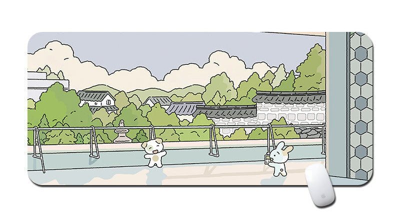 Mouse pad with a scenic design of trees, buildings, and a river, featuring two cartoon characters.