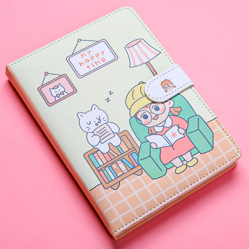 Notebook with cartoon illustrations of a girl and cat on a pink background