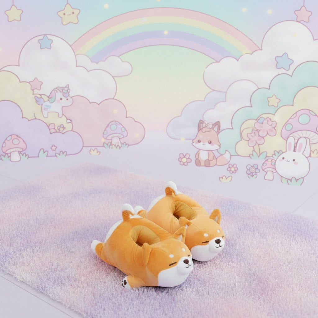 Pair of orange dog-shaped slippers on a white background