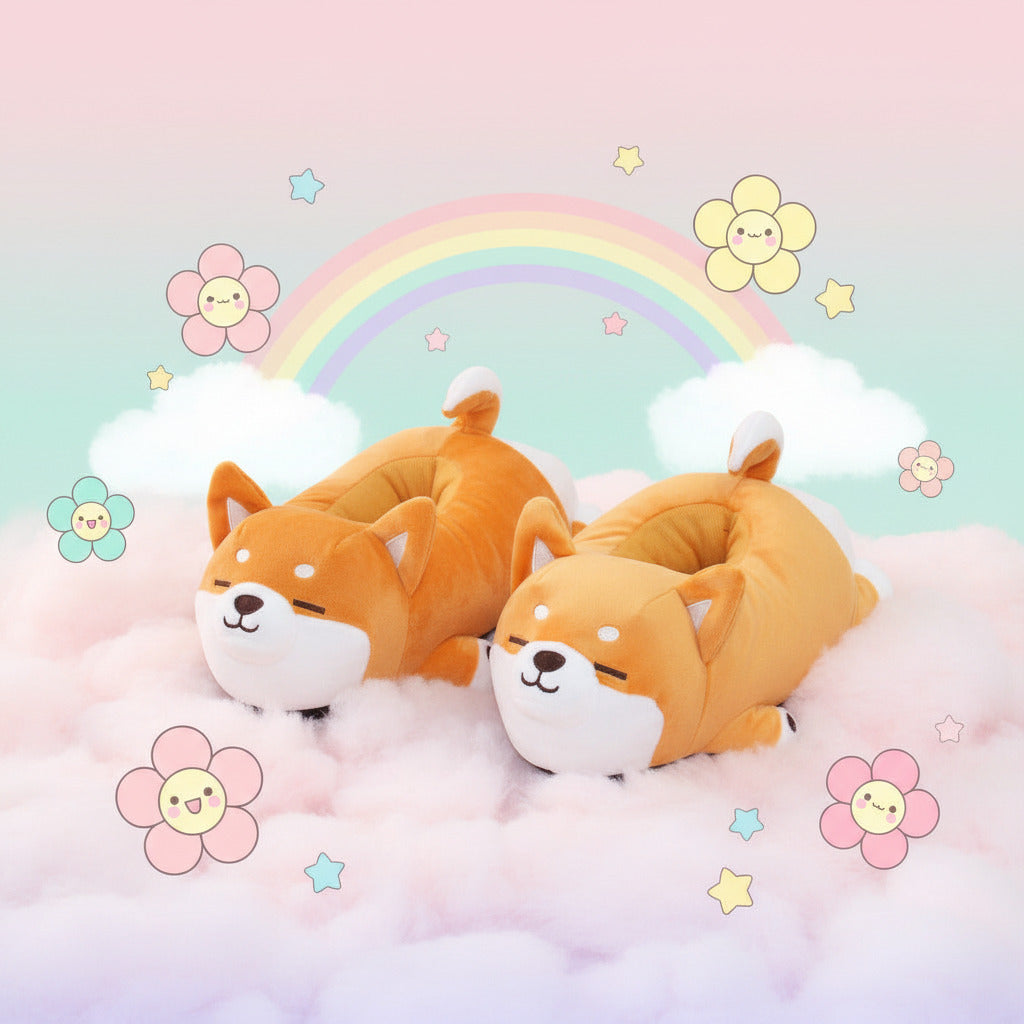 Pair of orange dog-shaped slippers on a white background