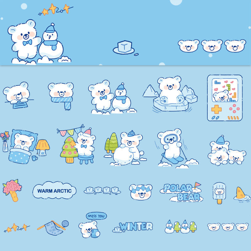 Pattern of cartoon polar bears on a blue background with various poses and activities.