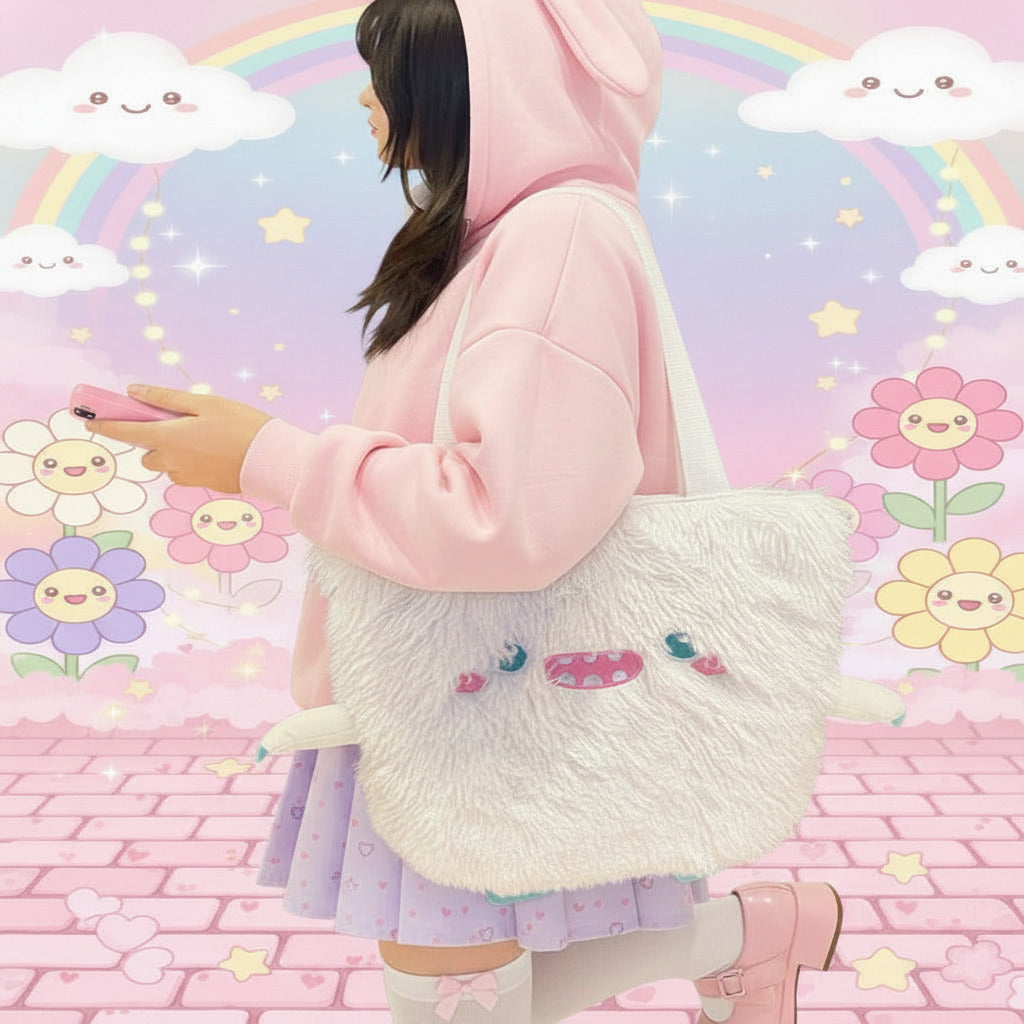 Person holding a fluffy white bag with colorful designs in an outdoor setting.