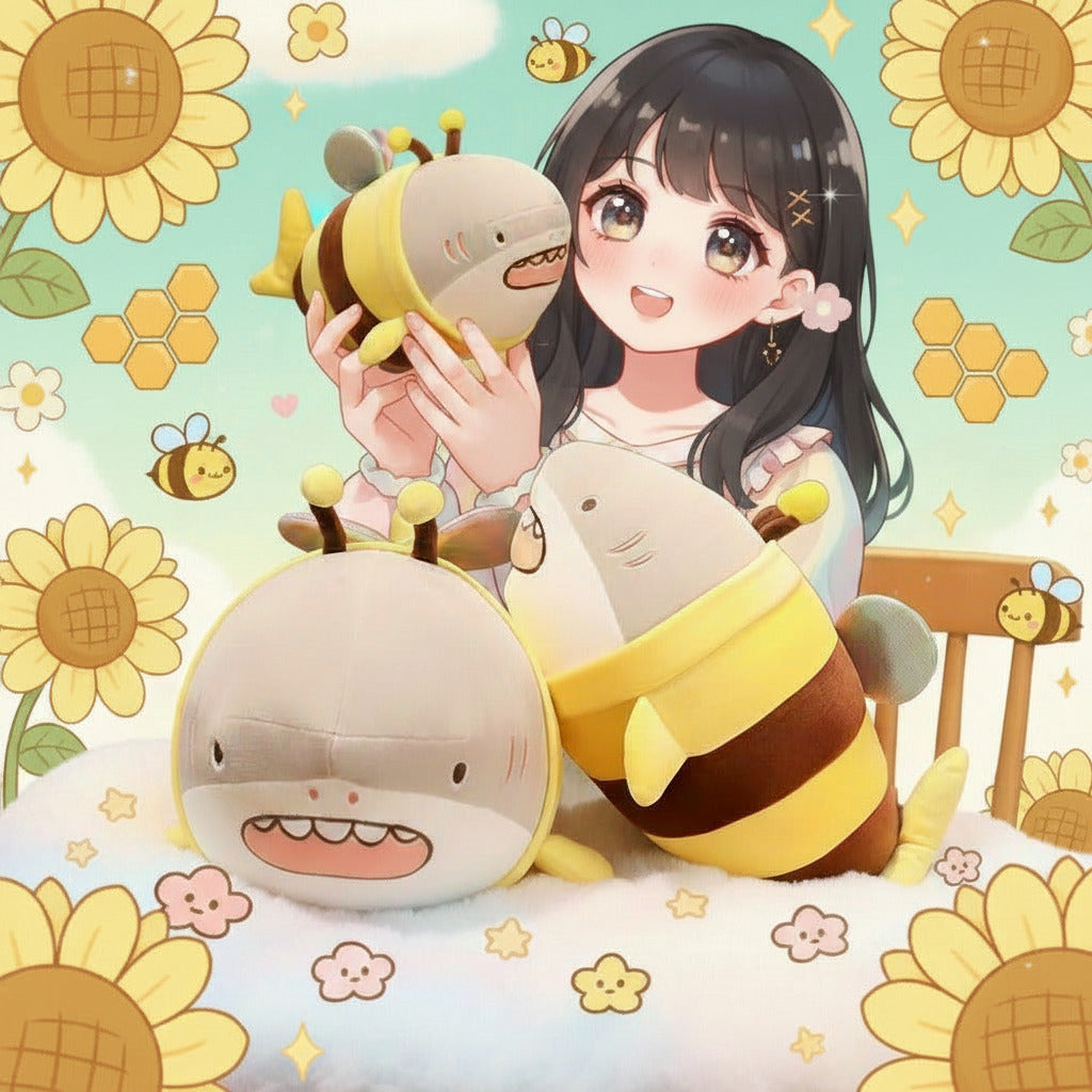 Person holding a plush toy resembling a bee and shark with a neutral background