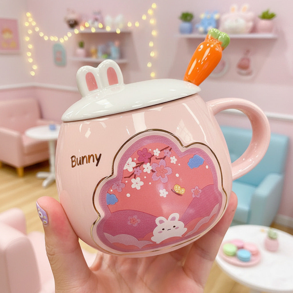 Pink bunny mug with a carrot-shaped spoon held by a hand.
