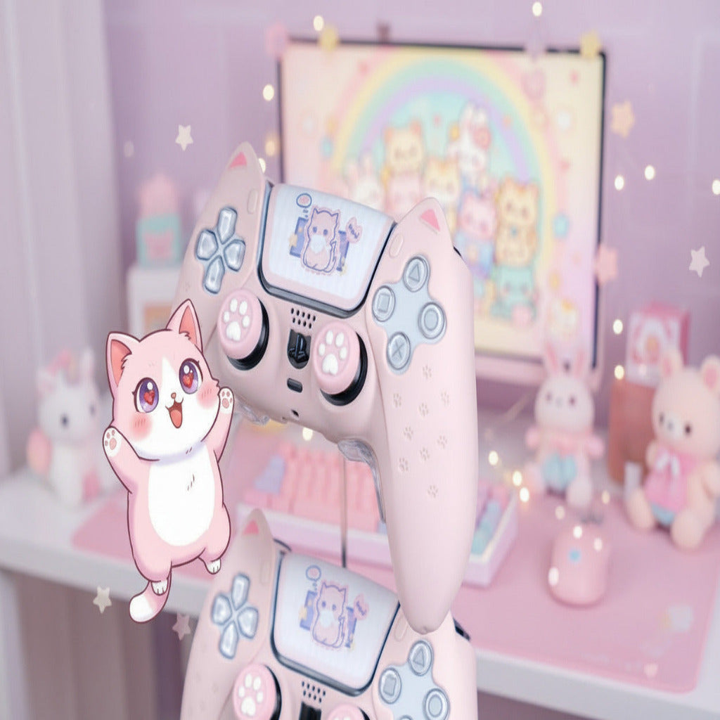 Pink gaming controller with cat ears and paw-shaped buttons on a blurred background