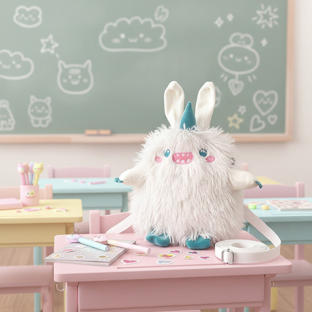 Plush backpack with cartoonish design on a wooden surface