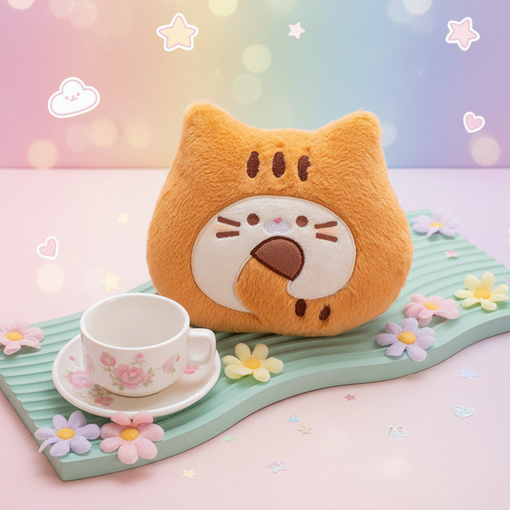Plush cat-shaped cushion on a wooden surface with a cup and saucer.