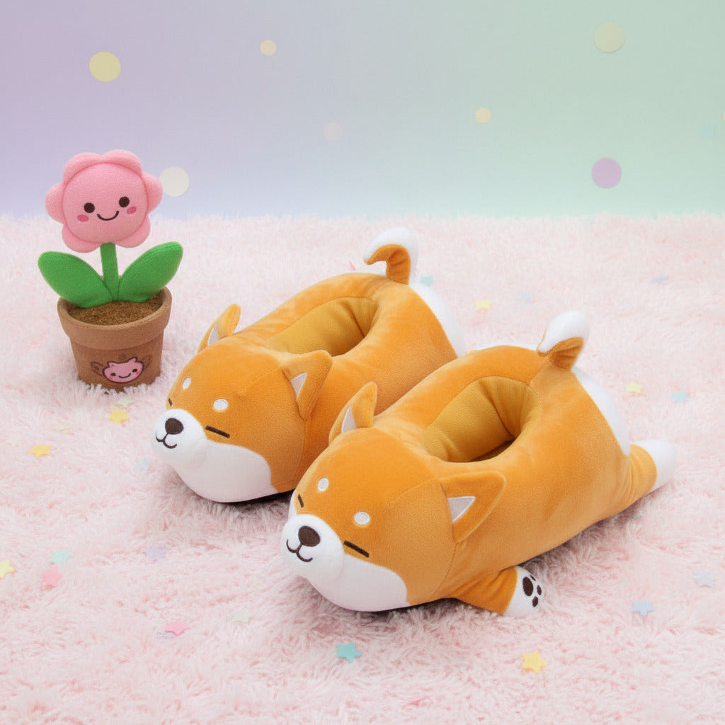 Plush fox-shaped pillow on a checkered bed with a small plant in the corner.