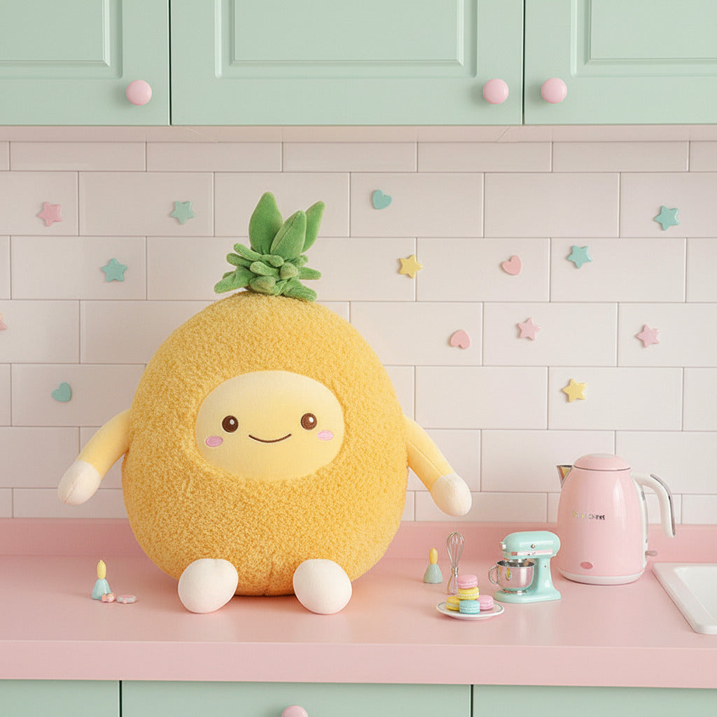 Plush toy pineapple with a smiling face on a wooden floor.