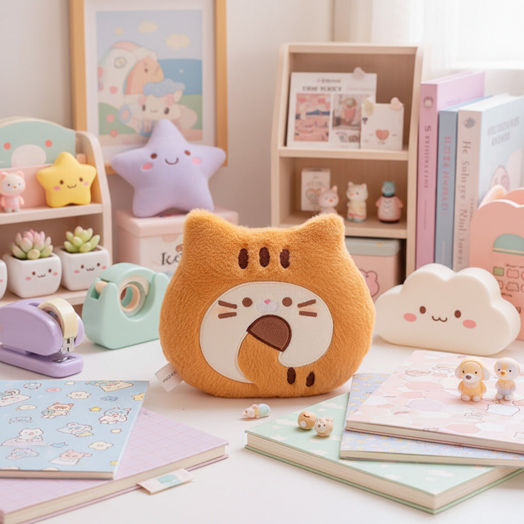 Plush toy shaped like a cat face on a surface with a blurred background