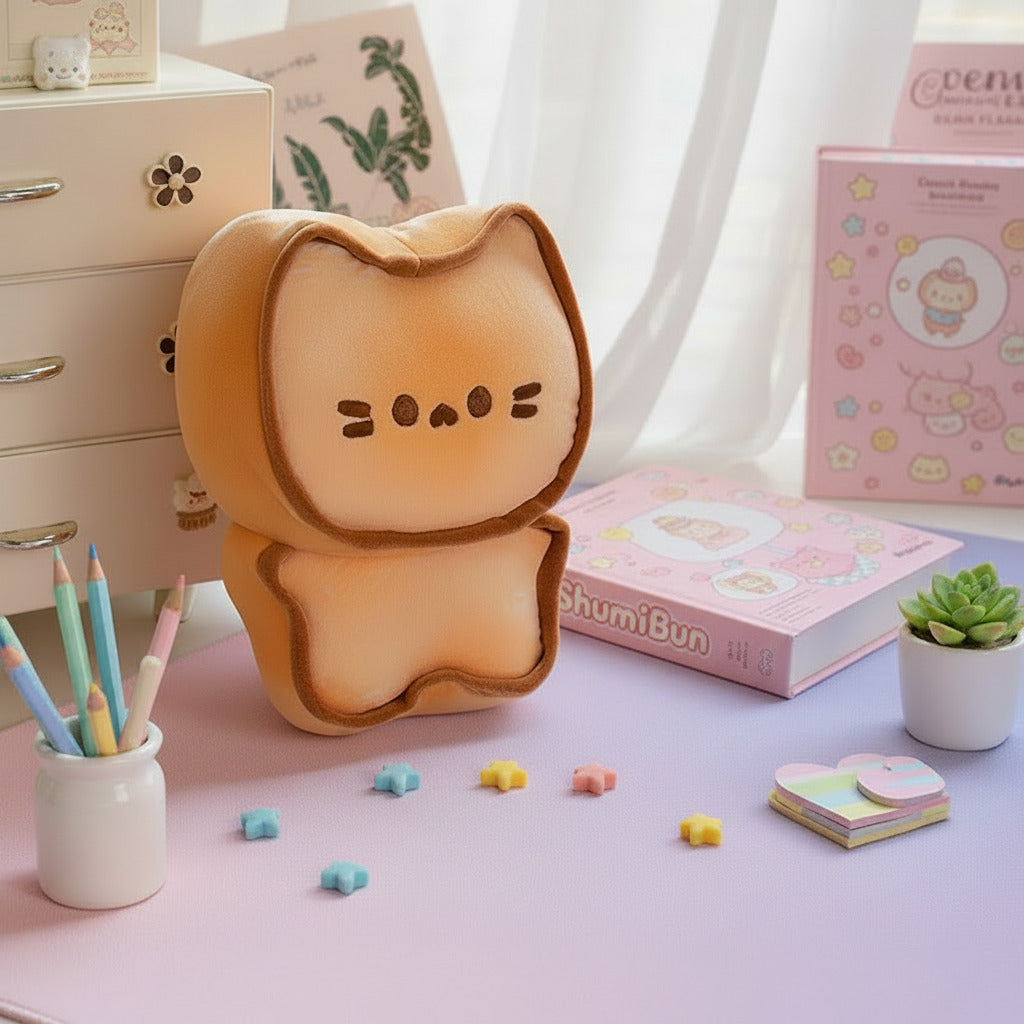 Plush toy shaped like a cat with a simple face design on a surface.