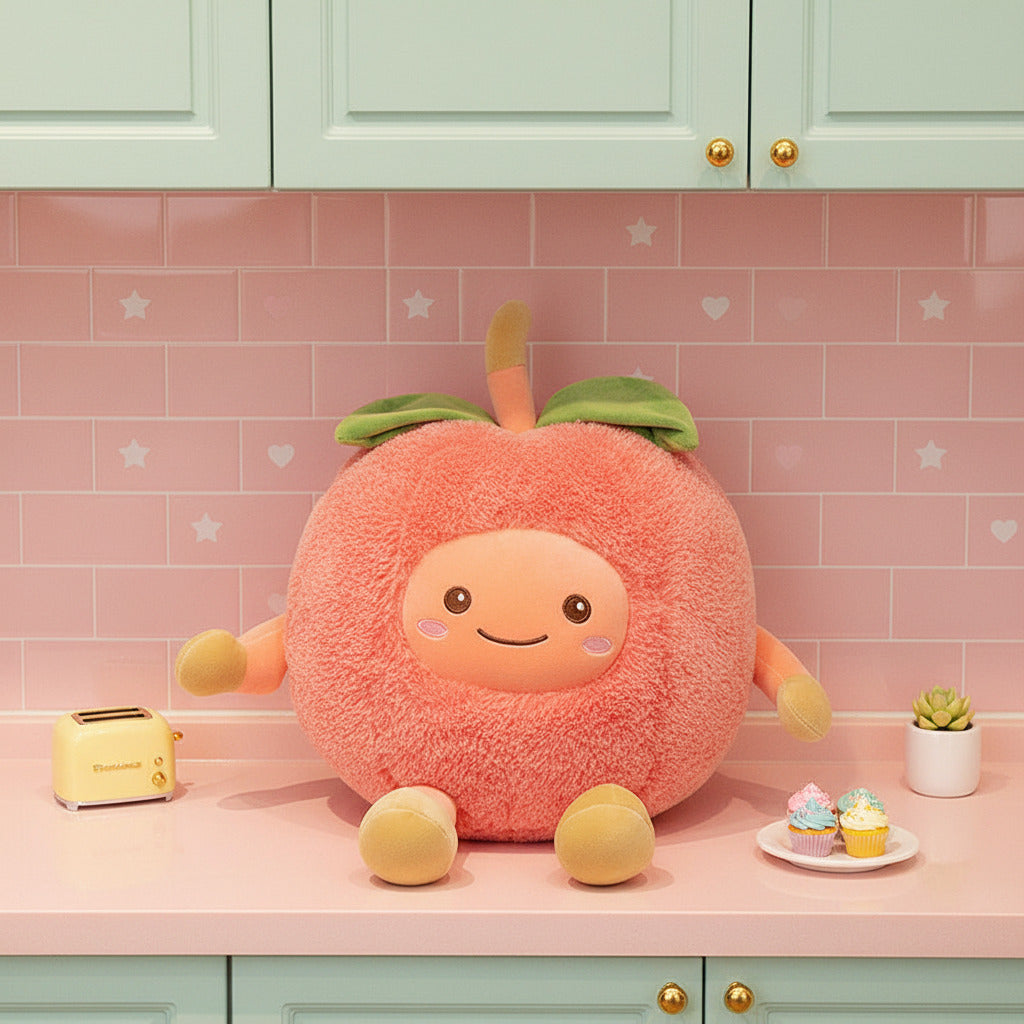 Plush toy shaped like a pink peach with a smiling face on a wooden floor.